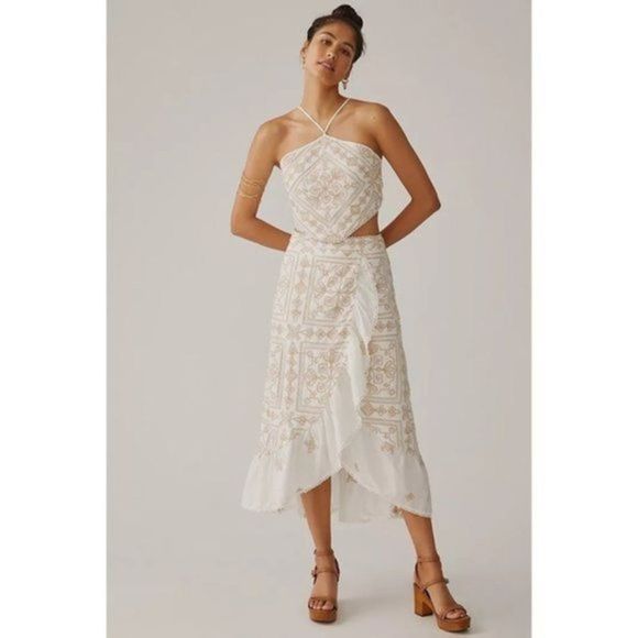 Anthropologie Dresses & Skirts - Anthropologie Magnolia Martinique Bare Embroidered Halter Faux Wrap Skirt Ivory